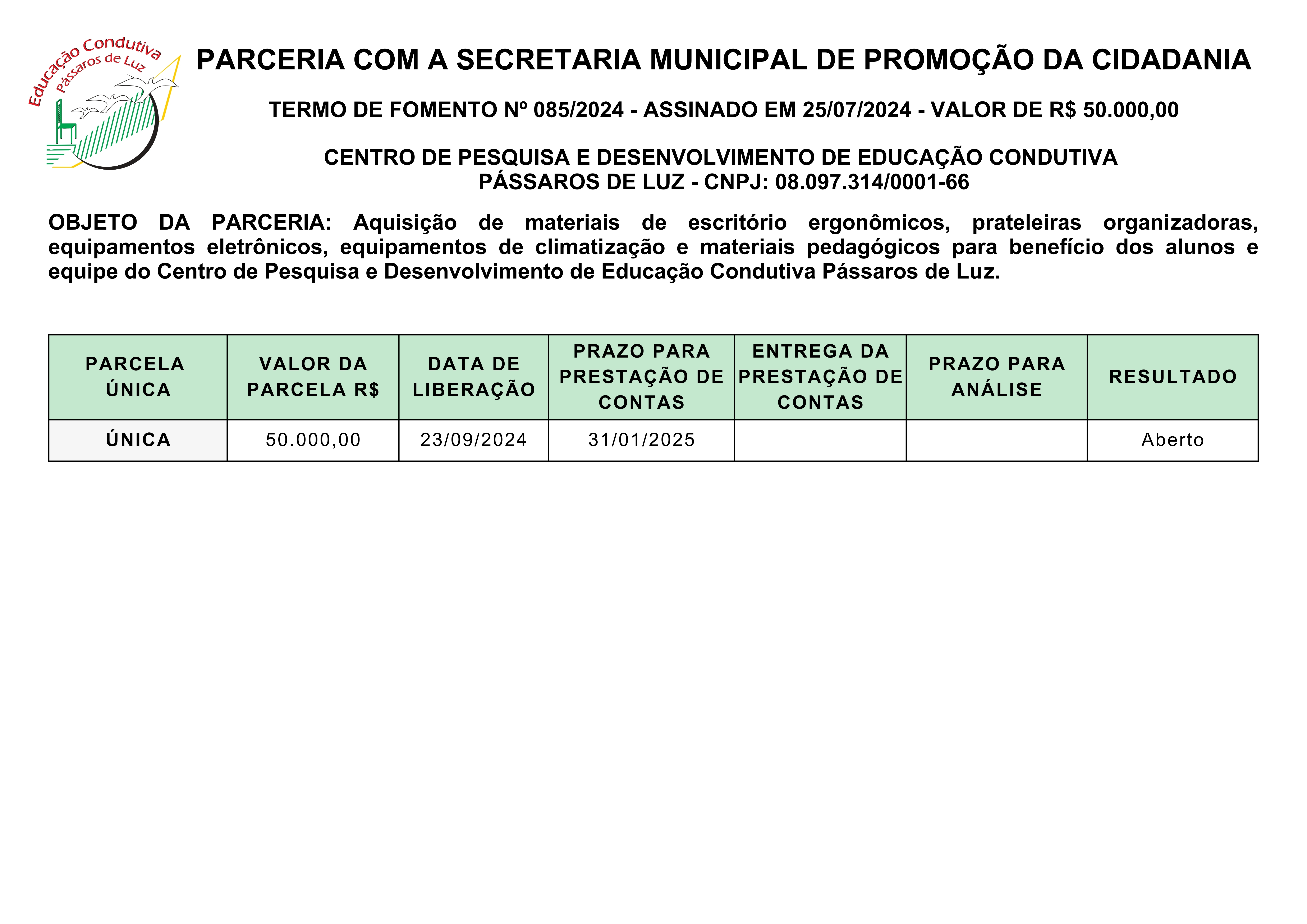 PARCERIA COM A SEDAC - TF 085/2024